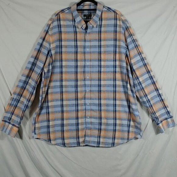 Club Room Men's Blue Coral Button Down Linen Tartan Big & Tall Shirt Size 2XLT - Picture 1 of 8